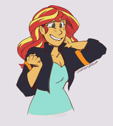 Size: 2671x2972 | Tagged: safe, artist:overlordneon, imported from derpibooru, sunset shimmer, equestria girls, mirror magic, spoiler:eqg specials, breasts, clothes, female, jacket, scene interpretation, shirt, simple background, smiling, solo, white background