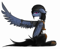 Size: 2731x2224 | Tagged: safe, artist:fenixdust, imported from derpibooru, oc, oc only, oc:elixir, pegasus, pony, boots, broken wing, clothes, female, floppy ears, hat, jacket, looking back, mare, shoes, simple background, sitting, solo, white background, wing brace, wings