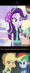 Size: 592x1400 | Tagged: safe, artist:equestrialeague, imported from derpibooru, screencap, applejack, rainbow dash, starlight glimmer, sunset shimmer, equestria girls, mirror magic, spoiler:eqg specials, clothes, confused, confusion, female, food, ice cream, meme, pants