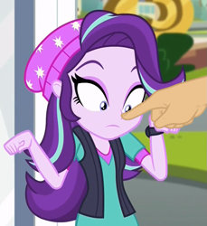 Size: 861x939 | Tagged: safe, edit, imported from derpibooru, starlight glimmer, equestria girls, mirror magic, spoiler:eqg specials, beanie, boop, boop edit, cute, exploitable meme, glimmerbetes, hand, hat, implied macro, macro, meme, solo focus