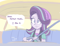 Size: 1300x1000 | Tagged: safe, alternate version, artist:heir-of-rick, imported from derpibooru, starlight glimmer, human, equestria girls, mirror magic, spoiler:eqg specials, beanie, car, clothes, colored sketch, driving, female, hat, jerry smith, music, parody, rick and morty, shirt, simulation, smiling, solo, speech bubble