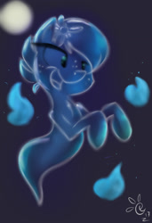 Size: 803x1174 | Tagged: safe, artist:catlion3, imported from derpibooru, oc, oc only, oc:redelina, earth pony, ghost, ghost pony, pony, undead, etc, floating, flower, flower in hair, full moon, ghos, moon, smiling