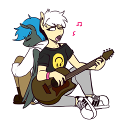 Size: 631x640 | Tagged: safe, artist:redxbacon, imported from derpibooru, oc, oc only, oc:jade shine, oc:note clip, anthro, pegasus, boots, bracelet, clothes, guitar, hoodie, jewelry, music notes, shirt, shoes, singing, sneakers, t-shirt