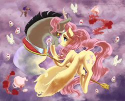 Size: 1508x1223 | Tagged: safe, artist:thecuriousfool, imported from derpibooru, discord, fluttershy, parcel post, post haste, draconequus, pegasus, pony, discordant harmony, butterfly net, cute, discoshy, discute, female, floating, food, ginseng teabags, glasses, looking at each other, male, mare, scepter, shipping, straight, tea, twilight scepter