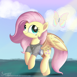 Size: 2000x2000 | Tagged: safe, artist:songbirdserenade, imported from derpibooru, fluttershy, butterfly, pegasus, pony, clothes, cloud, cute, female, high res, jewelry, mare, necklace, shyabetes, smiling, solo