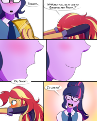 Size: 1000x1250 | Tagged: safe, artist:jase1505, artist:sunlight-mlp, imported from derpibooru, sci-twi, sunset shimmer, twilight sparkle, comic:night at the gala, series:sunlight horizons, equestria girls, clothes, comic, female, gala ticket, lesbian, scitwishimmer, shipping, sunsetsparkle