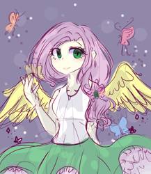 Size: 766x882 | Tagged: safe, artist:windymils, imported from derpibooru, fluttershy, butterfly, equestria girls, clothes, colored, female, ponied up, sketch, skirt, skirt lift, solo, tanktop