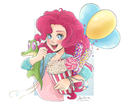 Size: 1024x849 | Tagged: dead source, safe, artist:viviennecorner, imported from derpibooru, gummy, pinkie pie, alligator, human, clothes, confetti, duo, food, humanized, open mouth, pet, popcorn, signature