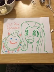 Size: 4032x3024 | Tagged: safe, artist:trini-mite, derpibooru exclusive, imported from derpibooru, fluttershy, pony, absurd resolution, food, pancakes, restaurant, traditional art