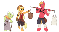 Size: 2400x1300 | Tagged: safe, artist:joan-grace, imported from derpibooru, applejack, big macintosh, granny smith, anthro, unguligrade anthro, abs, alternate universe, bag, belt, bucket, cane, clothes, dress, harness, hoof hands, partial nudity, rebellion, simple background, stupid sexy big macintosh, topless, white background