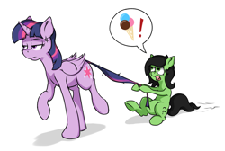 Size: 1148x770 | Tagged: safe, artist:crownhound, imported from derpibooru, twilight sparkle, oc, oc:filly anon, alicorn, earth pony, pony, cross-popping veins, dragging, duo, exclamation point, female, filly, food, ice cream, mare, pictogram, tail pull, twilight sparkle (alicorn)