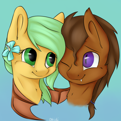 Size: 1024x1024 | Tagged: safe, artist:dbleki, imported from derpibooru, oc, oc only, oc:axie, oc:solo, bat pony, pony, bust, commission, duo, female, flower, hug, mare, one eye closed, portrait, winghug, wink