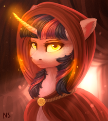 Size: 1673x1884 | Tagged: safe, artist:nightskrill, imported from derpibooru, twilight sparkle, pony, unicorn, cloak, clothes, curved horn, female, fluffy, glowing eyes, glowing horn, looking at you, mare, solo