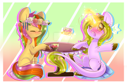 Size: 1024x683 | Tagged: safe, artist:twily-star, imported from derpibooru, oc, oc only, oc:daydream nuance, oc:rosa, earth pony, pony, unicorn, female, floral head wreath, flower, magic, mare, table, watermark