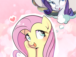 Size: 1024x768 | Tagged: safe, artist:haden-2375, edit, imported from derpibooru, fluttershy, rarity, pegasus, pony, unicorn, cute, female, flarity, lesbian, mare, shipping, shyabetes, smiling, solo, thought bubble