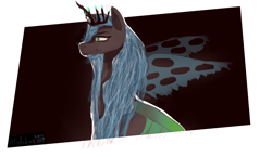 Size: 1000x580 | Tagged: safe, artist:itzdatag0ndray, imported from derpibooru, queen chrysalis, changeling, changeling queen, crown, ear fluff, female, jewelry, long mane, regalia, simple background, solo