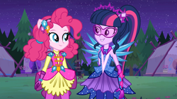 Size: 1280x720 | Tagged: safe, artist:mixiepie, artist:themexicanpunisher, imported from derpibooru, pinkie pie, sci-twi, twilight sparkle, equestria girls, legend of everfree, camp, clothes, crystal guardian, crystal wings, duo, looking at each other, night, outdoors, ponied up, requested art, scitwilicorn, smiling, tent, vector, visor