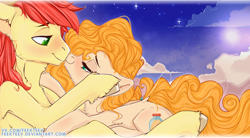 Size: 1280x704 | Tagged: safe, artist:feekteev, imported from derpibooru, bright mac, pear butter, earth pony, pony, the perfect pear, brightbutter, female, full moon, husband and wife, looking at each other, male, mare, moon, night, smiling, stallion, stars