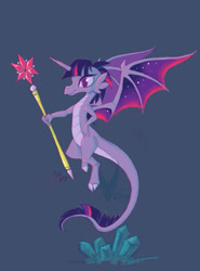 Size: 738x1000 | Tagged: safe, artist:viistar, imported from derpibooru, twilight sparkle, dragon, blue background, colored wings, crystal, dragoness, dragonified, female, multicolored wings, purple background, simple background, solo, species swap, spread wings, staff, twilidragon, watermark, wings