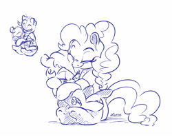 Size: 3873x3076 | Tagged: safe, artist:dilarus, deleted from derpibooru, imported from derpibooru, pinkie pie, rainbow dash, earth pony, pegasus, pony, diverse body types, eyes closed, female, hug, mare, monochrome, simple background, size difference, sketch, smiling, smoldash, white background