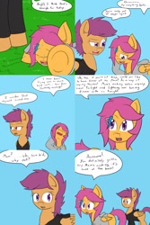 Size: 1600x2400 | Tagged: safe, artist:jake heritagu, imported from derpibooru, scootaloo, pegasus, pony, comic:ask motherly scootaloo, comic, factory scootaloo, hairpin, motherly scootaloo, sweatshirt