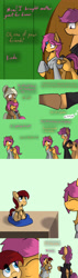 Size: 1500x5250 | Tagged: safe, artist:conmanwolf, imported from derpibooru, scootaloo, oc, oc:lightning blitz, oc:sandy hooves, earth pony, pegasus, pony, comic:ask motherly scootaloo, absurd resolution, baby, baby pony, colt, comic, dialogue, factory scootaloo, female, hairpin, holding a pony, male, mother and son, motherly scootaloo, offspring, older, older scootaloo, parent:rain catcher, parent:scootaloo, parents:catcherloo, self paradox, sweatshirt