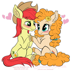 Size: 779x766 | Tagged: safe, artist:stepandy, imported from derpibooru, bright mac, pear butter, earth pony, pony, the perfect pear, blushing, brightbutter, duo, eye contact, looking at each other, simple background, smiling, transparent background, watermark