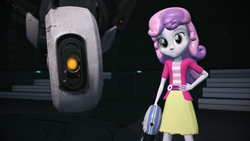 Size: 1920x1080 | Tagged: safe, artist:razethebeast, imported from derpibooru, sweetie belle, equestria girls, 3d, clothes, crossover, glados, looking at you, portal (valve), portal gun, smiling, source filmmaker, video game