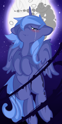 Size: 1000x2000 | Tagged: safe, artist:saralien, imported from derpibooru, princess luna, pony, blushing, female, mare in the moon, moon, s1 luna, sad, solo, stars