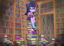 Size: 6095x4412 | Tagged: safe, artist:invisibleink, imported from derpibooru, sci-twi, twilight sparkle, equestria girls, absurd resolution, adorkable, book, bookshelf, bookworm, child, cute, dork, female, ladder, library, meganekko, solo, that human sure does love books, twiabetes, young, young sci-twi, younger