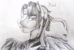 Size: 3242x2163 | Tagged: safe, artist:brainiac, imported from derpibooru, pegasus, pony, bust, crossover, hunk, male, monochrome, portrait, solo, stallion, traditional art, voltron