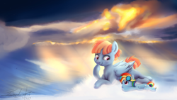 Size: 3840x2160 | Tagged: safe, artist:pucksterv, imported from derpibooru, rainbow dash, windy whistles, pegasus, pony, cloud, cute, dashabetes, duo, female, filly, filly rainbow dash, goggles, mare, mother and daughter, younger