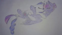 Size: 1280x720 | Tagged: safe, artist:mintybelle2, imported from derpibooru, rarity, twilight sparkle, alicorn, pony, female, lesbian, rarilight, shipping, traditional art, twilight sparkle (alicorn)