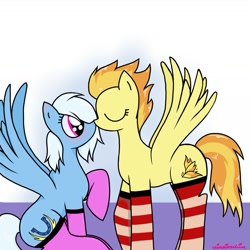 Size: 1415x1415 | Tagged: safe, artist:vinviasshine, imported from derpibooru, fleetfoot, spitfire, pegasus, pony, alternate hairstyle, blushing, clothes, duo, duo female, eyes closed, female, fleetfire, kissing, lesbian, mare, shipping, socks, spread wings, striped socks, wingboner, wings