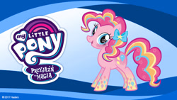 Size: 768x432 | Tagged: safe, imported from derpibooru, pinkie pie, pony, bow, dubbing, hair bow, logo, my little pony logo, open mouth, polish, rainbow power, starry eyes, stock vector, translation, wingding eyes