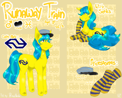 Size: 1273x1024 | Tagged: safe, artist:princehoshi, derpibooru exclusive, imported from derpibooru, oc, oc only, oc:runaway train, pony, cap, clothes, hat, male, reference sheet, simple background, socks, solo, stallion, striped socks, yellow background