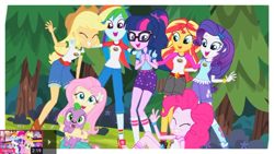 Size: 854x480 | Tagged: safe, imported from derpibooru, screencap, applejack, fluttershy, pinkie pie, rainbow dash, rarity, sci-twi, spike, spike the regular dog, sunset shimmer, twilight sparkle, alicorn, dog, equestria girls, legend of everfree, my little pony: the movie, boots, camp everfree outfits, clothes, converse, cowboy hat, eyes closed, glasses, hat, high heel boots, humane five, humane seven, humane six, legs, mane six, meme, pants, puppy, shoes, shorts, sleeveless, smiling, socks, twilight sparkle (alicorn)