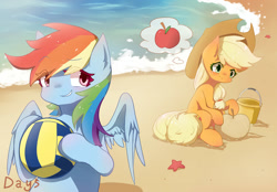 Size: 1440x1000 | Tagged: safe, artist:irenla, imported from derpibooru, applejack, rainbow dash, earth pony, pegasus, pony, apple, appledash, beach, beach ball, cowboy hat, cute, dashabetes, female, food, hat, jackabetes, lesbian, mare, multicolored hair, sand, shipping, stetson, that pony sure does love apples, thought bubble, water