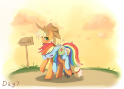 Size: 1380x1000 | Tagged: safe, artist:irenla, imported from derpibooru, applejack, rainbow dash, earth pony, pegasus, pony, appledash, carrying, cowboy hat, cute, dashabetes, duo, female, hat, jackabetes, lesbian, mare, multicolored hair, saddle bag, shipping, sign, sleeping, stetson, sweet dreams fuel