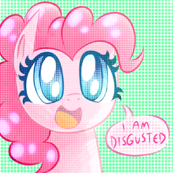 Size: 1000x1000 | Tagged: safe, artist:siggie740, imported from derpibooru, pinkie pie, earth pony, pony, abstract background, colored pupils, disgusted, dissonant caption, female, mare, smiling, solo, speech bubble, subversive kawaii, text