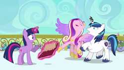 Size: 1280x720 | Tagged: safe, imported from derpibooru, screencap, princess cadance, shining armor, twilight sparkle, alicorn, pony, unicorn, the crystal empire, great moments in animation, horn crystals, levitation, magic, sisters-in-law, telekinesis, unicorn twilight, wuuh