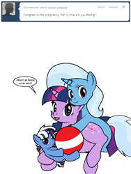 Size: 600x800 | Tagged: safe, artist:dekomaru, imported from derpibooru, trixie, twilight sparkle, oc, oc:nebula, pony, unicorn, tumblr:ask twixie, ask, female, lesbian, magical lesbian spawn, mare, offspring, parent:trixie, parent:twilight sparkle, parents:twixie, pregnant, shipping, tumblr, twixie