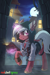 Size: 1800x2700 | Tagged: safe, artist:redchetgreen, imported from derpibooru, oc, oc only, pony, unicorn, bag, bits, building, clothes, commission, full moon, hoodie, magic, male, moon, night, raised hoof, solo, stallion, thief, town, ych result