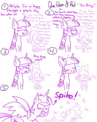 Size: 1280x1611 | Tagged: safe, artist:adorkabletwilightandfriends, imported from derpibooru, spike, twilight sparkle, alicorn, dragon, pony, comic:adorkable twilight and friends, comic:glim glam and pals, angry, blushing, comic, cute, dialogue, female, glimglam, implied shipping, implied starburst, lineart, male, mare, monochrome, sex joke, simple background, slice of life, spikabetes, sweat, twiabetes, twilight sparkle (alicorn), white background