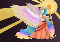 Size: 1280x904 | Tagged: safe, artist:earthsong9405, imported from derpibooru, princess celestia, alicorn, anthro, pony, beautiful, clothes, crown, curved horn, dress, eyes closed, eyeshadow, female, jewelry, large wings, makeup, mare, multicolored mane, multicolored tail, praise the sun, regalia, royalty, simple background, smiling, solo, spread wings, staff, sun, tiara, yellow eyeshadow