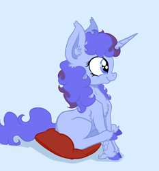 Size: 1252x1345 | Tagged: safe, artist:paskanaakka, derpibooru exclusive, imported from derpibooru, oc, oc only, oc:midnight dew, pony, unicorn, blue background, chest fluff, colored hooves, ear fluff, female, filly, pillow, simple background, sitting, smiling, solo, unshorn fetlocks, younger