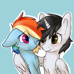 Size: 3000x3000 | Tagged: safe, artist:dbleki, imported from derpibooru, rainbow dash, oc, oc:shiron, alicorn, pegasus, pony, alicorn oc, blushing, canon x oc, hug, one eye closed, shinbow, shipping, winghug