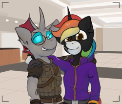 Size: 2073x1767 | Tagged: safe, artist:marsminer, imported from derpibooru, oc, oc only, oc:cloudburst, oc:rainbow heart, changeling, pony, unicorn, camera shot, rainbow hair, red changeling, side hug