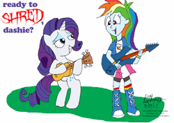 Size: 2592x1841 | Tagged: safe, artist:newportmuse, imported from derpibooru, rainbow dash, rarity, unicorn, equestria girls, honest apple, boots, clothes, compression shorts, duo, excited, grass, guitar, guitarity, multicolored hair, musical instrument, rock on, shoes, simple background, skirt, white background