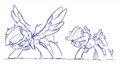 Size: 2400x1308 | Tagged: safe, artist:dilarus, deleted from derpibooru, imported from derpibooru, rainbow dash, scootaloo, pegasus, pony, duo, female, filly, mare, monochrome, sketch, spread wings, wings